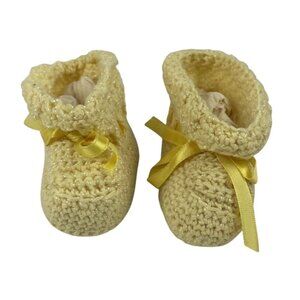 Handmade Yellow Crochet Baby Booties Satin Ribbon Baby Newborn